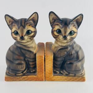 Vintage JAPAN Tiger Cat Ceramic Bookends Pair Set 2 Two MCM